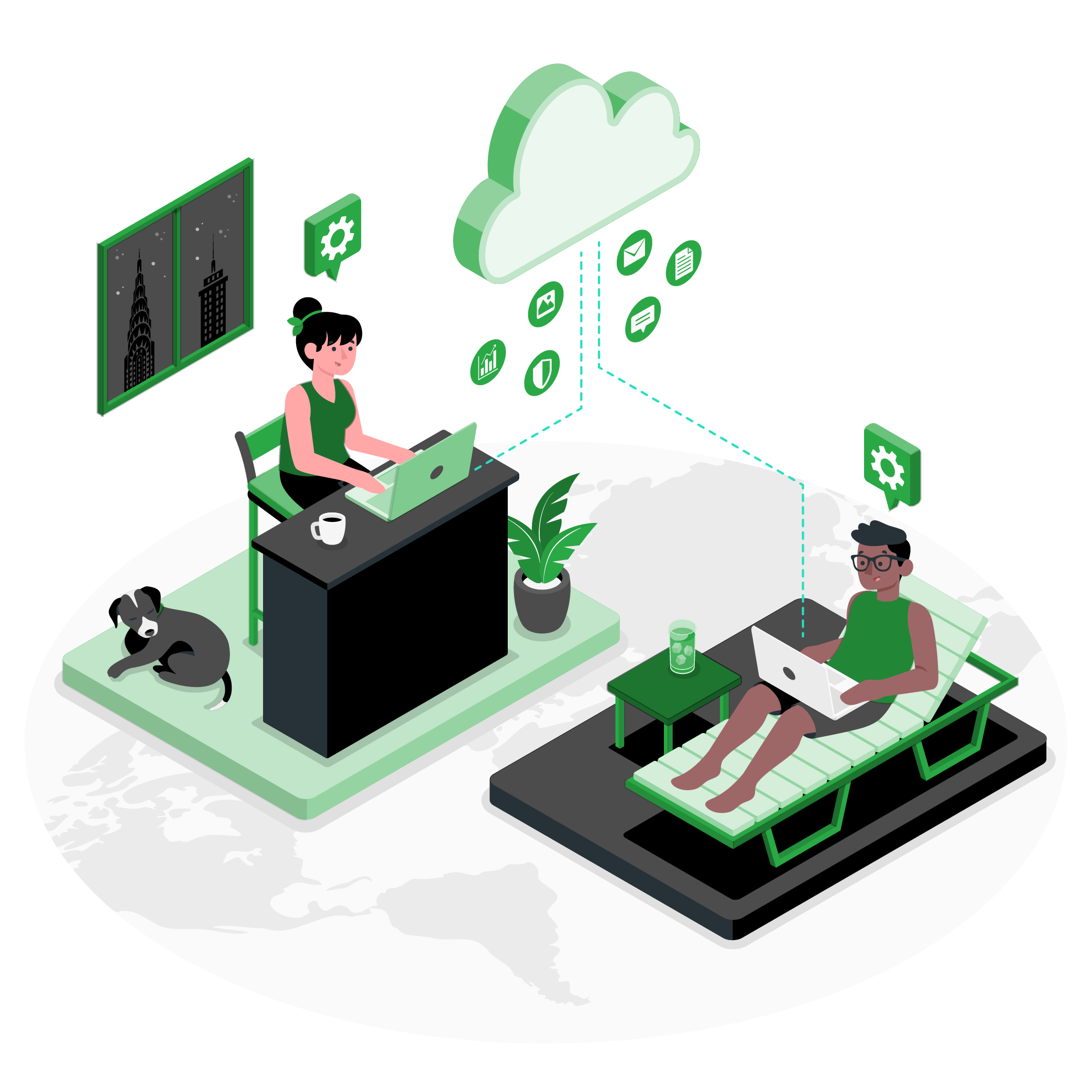 Graphic illustration of a woman at home working on her computer and a man laying on a beach chair working on laptop. A cloud is connecting both of them to their work's system by Freepik