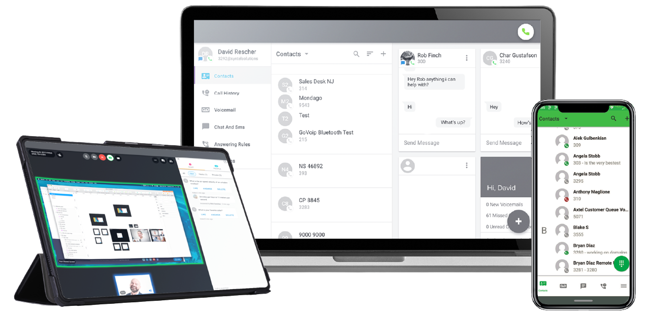 A tablet, laptop, and smartphone with VoIP app.