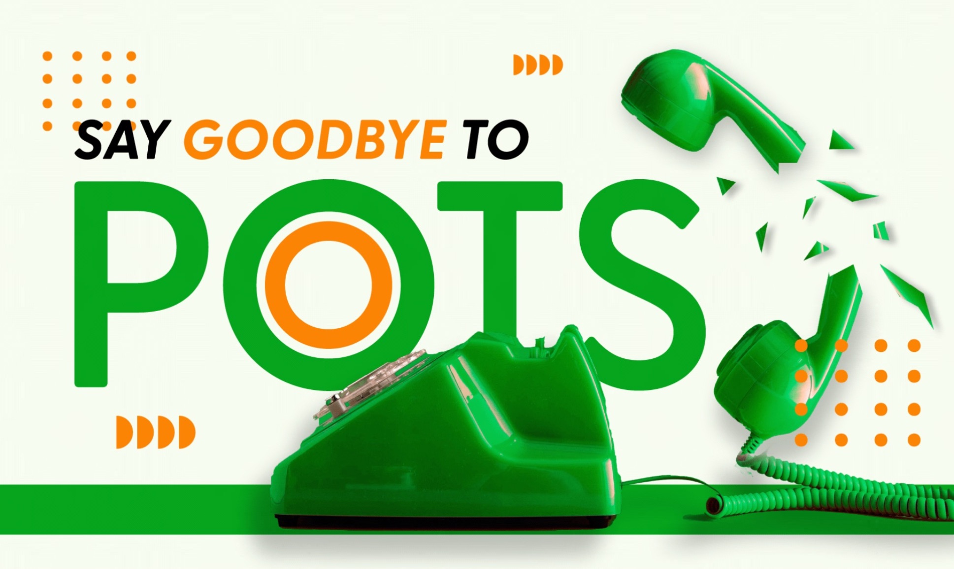 Say Goodbye to POTS. Image of old rotary telephone breaking into pieces.