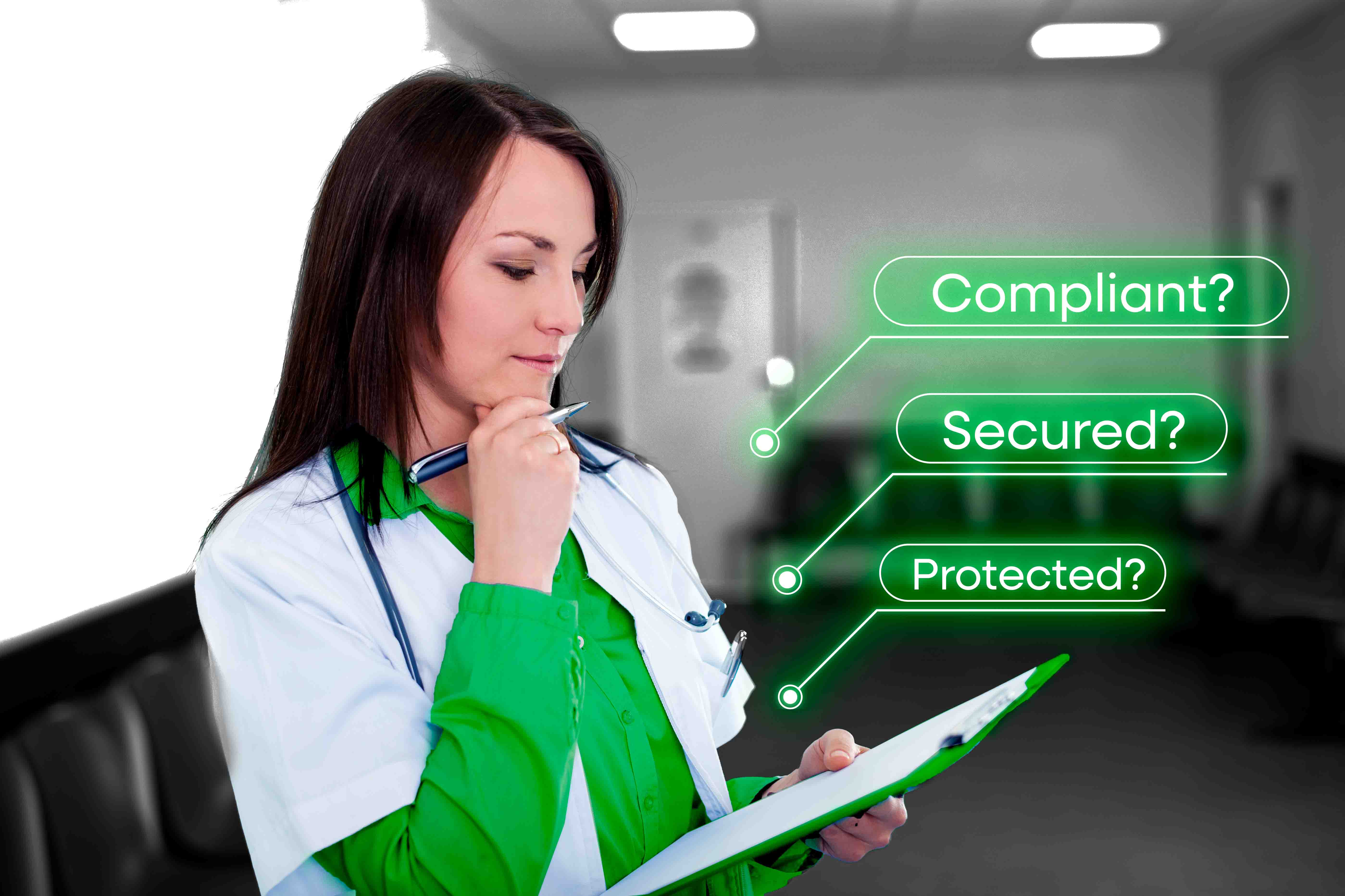 Woman in doctor's uniform carrying a clipboard